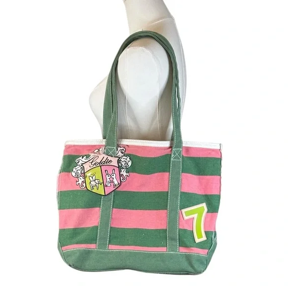 Goldie Pink and Green Canvas  Striped Tote Made With Love - Picture 3 of 13